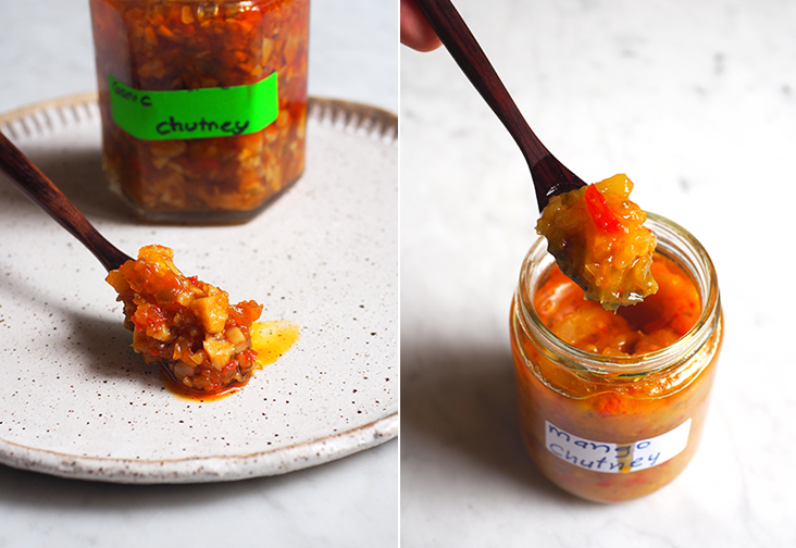The garlic chutney packs a punch with roughly chopped garlic to amp up flavour in any meal (left). Their mango chutney is mild and slightly sweet to complement your meal (right).