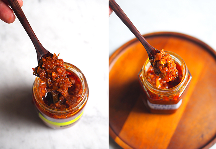 For a boost of ginger flavour, pick up a bottle of ginger chutney (left). Their salted fish pickle has chunks of the fish cut in small bits for you to get salty burst of flavours (right).