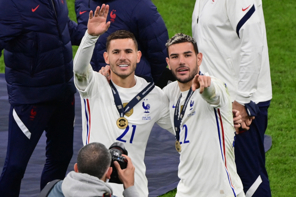 France defenders Lucas Hernandez (left) and Theo Hernandez celebrate their victory at the end of the Nations League final football match between Spain and France at San Siro stadium in Milan, October 10, 2021. u00e2u20acu201d AFP pic 