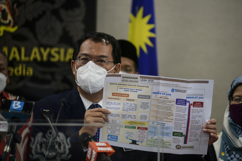 Auditor-General Datuk Nik Azman Nik Abdul Majid  speaks during a press conference at Parliament, Kuala Lumpur October 28, 2021. u00e2u20acu2022 Bernama picn