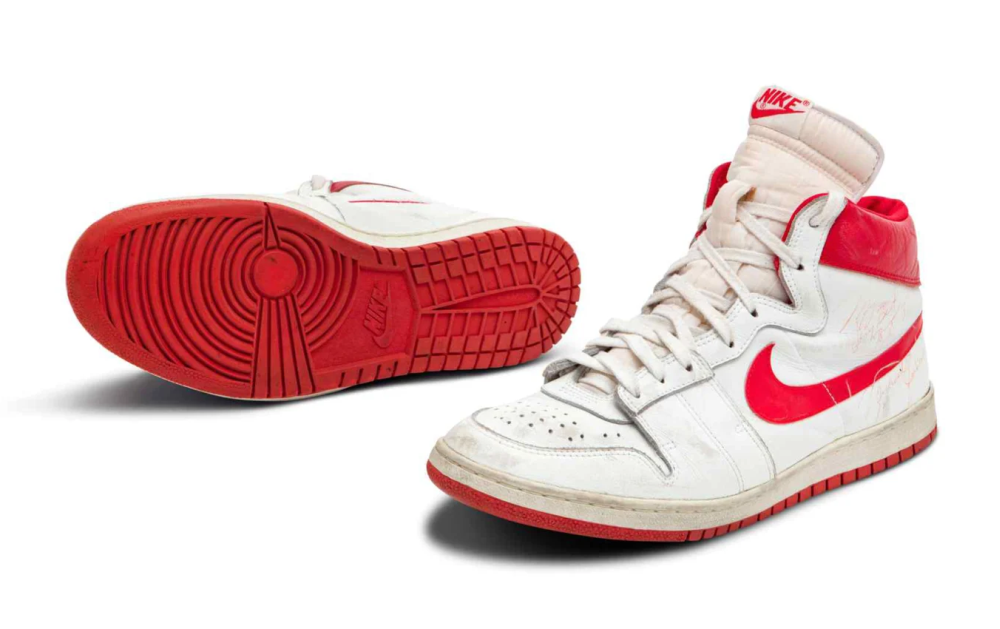 The red-and-white shoes were worn by the iconic player in the fifth game of his rookie season with the Chicago Bulls became a sensation both on and off the court. u00e2u20acu201d Picture via Sotheby's