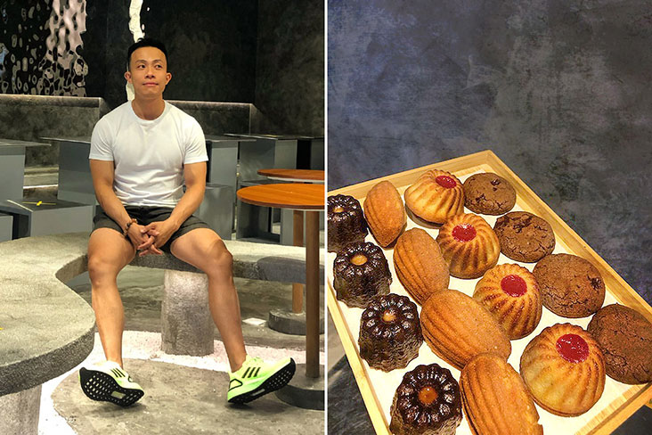 Orito founder Justin Tang (left). 'Petit fours': a 'canelé', a madeleine, a financier and a 'naughty cookie' (right).