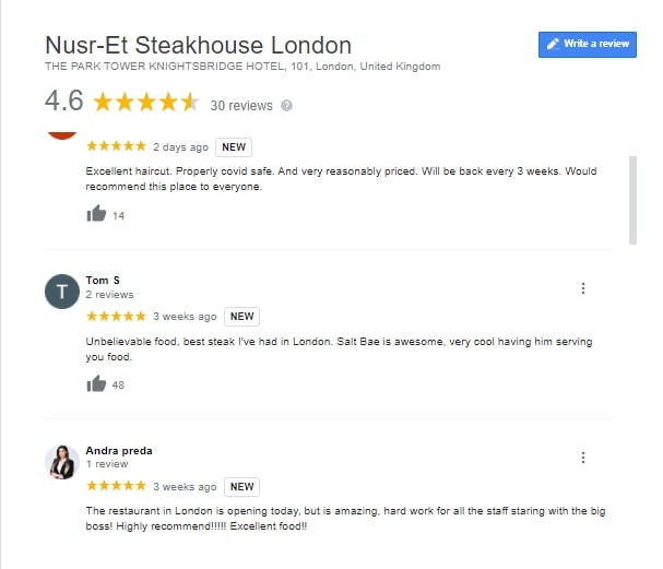 Google reviews show that most customers had praises for the Salt Bae's restaurant. Screengrab via Google