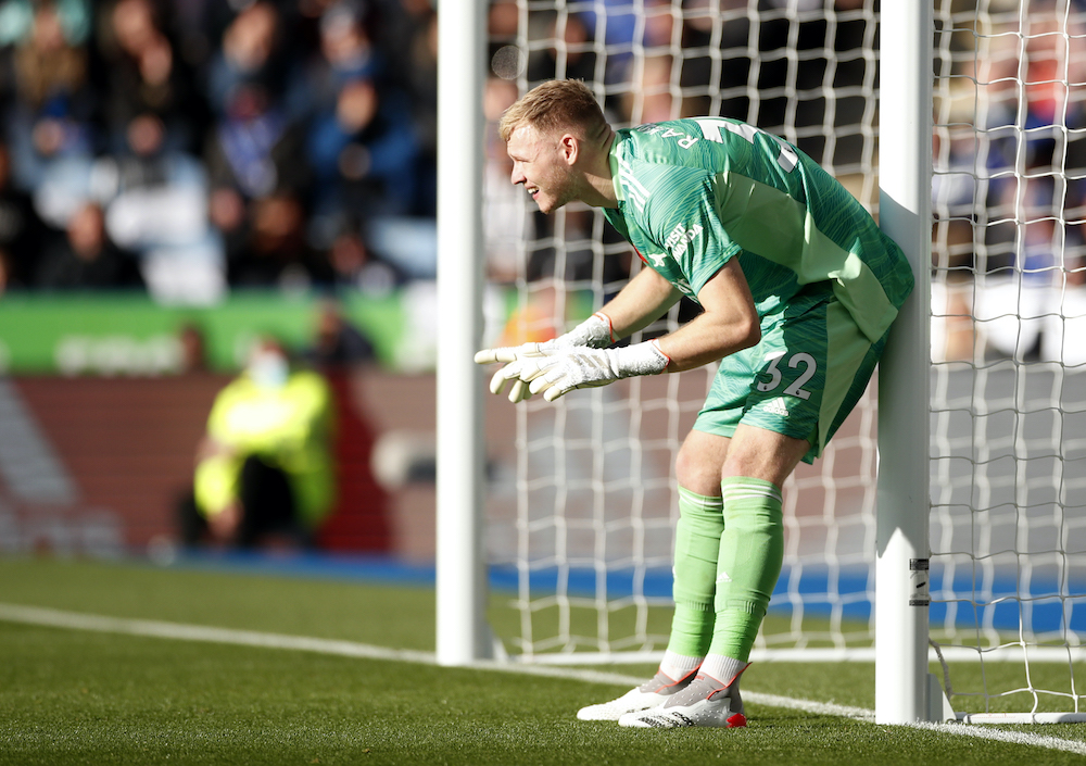 Arsenalu00e2u20acu2122s Aaron Ramsdale during the match against Leicester City, October 30, 2021. u00e2u20acu2022 Reuters picnn