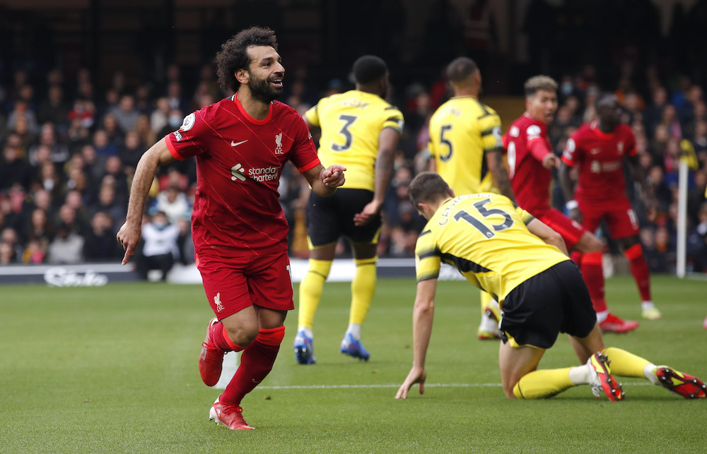 Liverpoolu00e2u20acu2122s Mohamed Salah celebrates scoring their fourth goal during the match against Watford at Vicarage Road, October 16, 2021. u00e2u20acu2022 Reuters pic
