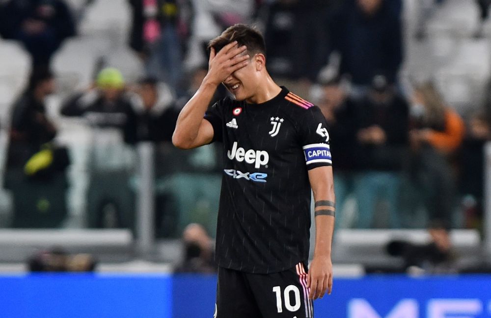 Juventus' Paulo Dybala reacts after Sassuolo's Davide Frattesi scored their first goal at the Allianz Stadium, Turin October 27, 2021. u00e2u20acu2022 Reuters picn