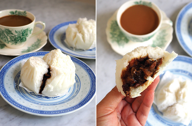 There's a variety of steamed buns like this ‘char siu’ one that you can steam from frozen when you need to eat a quick snack (left). The ‘char siu pao’ is filled with chunky pieces of meat that is not too sweet tasting (right)