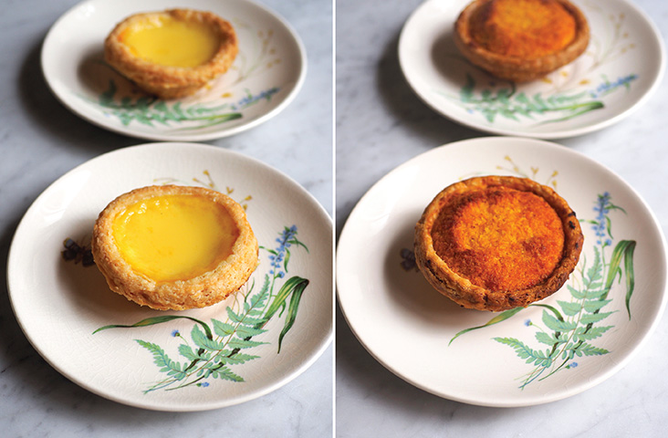 Get a few of these lovely crispy egg tarts with flaky layers to enjoy for afternoon tea (left). The coconut tart is an old fashioned treat that is executed very well here (right)