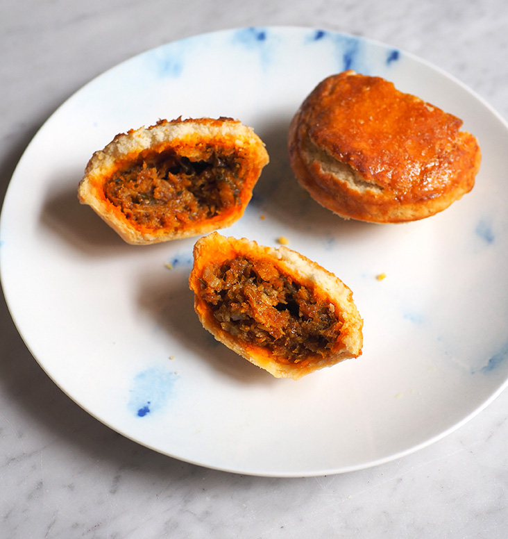 There's savoury pies topped with a crumbly pastry filled with chicken or a fragrant chicken ‘rendang’