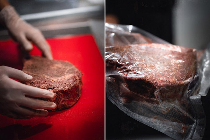 Vacuum packing the tomahawk steak for 'sous vide' cooking.