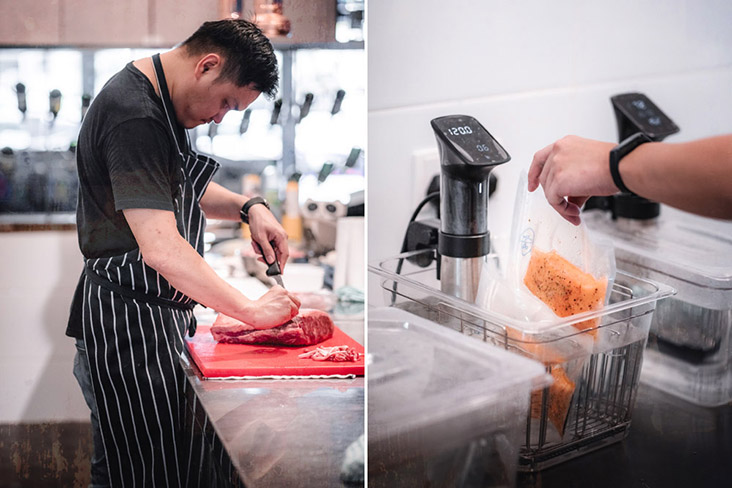 Preparing the tomahawk before 'sous vide' cooking using a thermal immersion circulator machine.