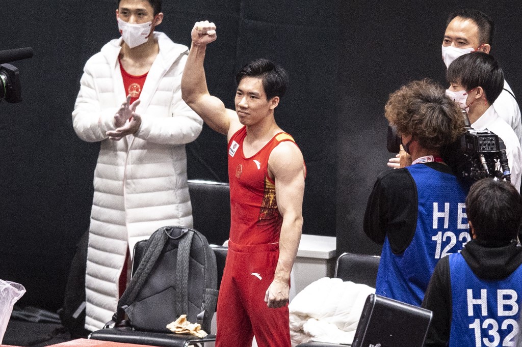 Chinau00e2u20acu2122s Zhang Boheng reacts after winning the menu00e2u20acu2122s all-around final during the Artistic Gymnastics World Championships at the Kitakyushu City Gymnasium in Kitakyushu, Fukuoka prefecture on October 22, 2021. u00e2u20acu201d AFP pic