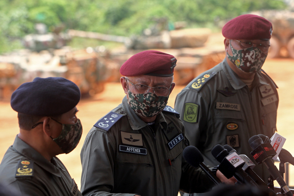 Chief of Defence Force Gen Tan Sri Affendi Buang speaks to the media after attending a shooting exercise programme at the Syed Sirajuddin Camp in Gemas, Negri Sembilan, October 14, 2021. u00e2u20acu201d Bernama pic 