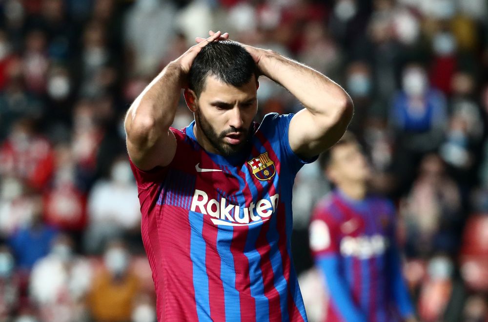 FC Barcelona's Sergio Aguero reacts after missing a chance to score against Rayo Vallecano at Estadio de Vallecas, Madrid October 27, 2021. u00e2u20acu2022 Reuters picnn