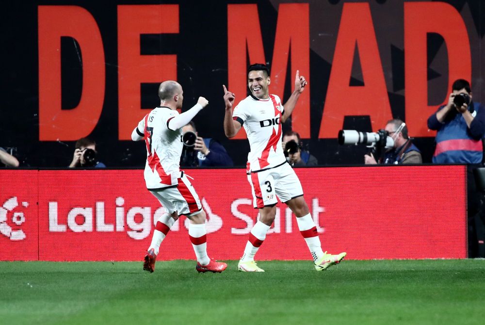 Rayo Vallecano's Radamel Falcao (right) celebrates scoring their first goal with Isi Palazon at Estadio de Vallecas, Madrid October 27, 2021. u00e2u20acu2022 Reuters picn
