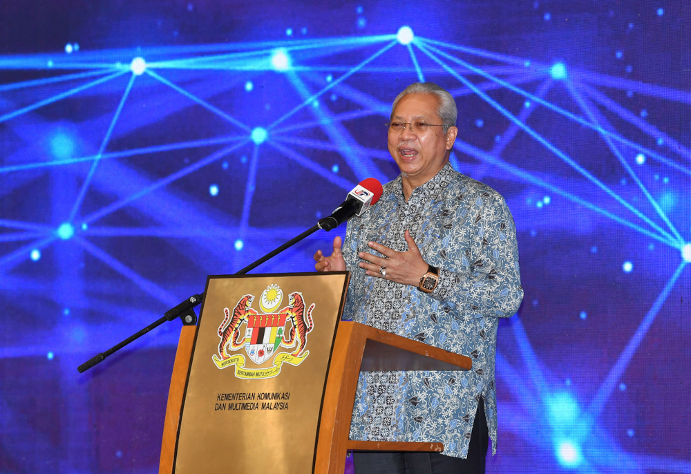 Communications and Multimedia Minister Tan Sri Annuar Musa delivers a speech at the launch of the the Keluarga Malaysia Teen Package and Keluarga Malaysia Device Package Internet access packages in Putrajaya, October 14, 2021. u00e2u20acu201d Bernama pic 