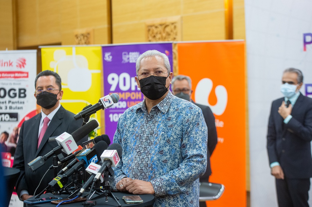 Communications and Multimedia Minister Tan Sri Annuar Musa speaks during the launch of the Malaysian Family Youth and Device Packages in Putrajaya October 14, 2021. u00e2u20acu2022 Picture by Shafwan Zaidon
