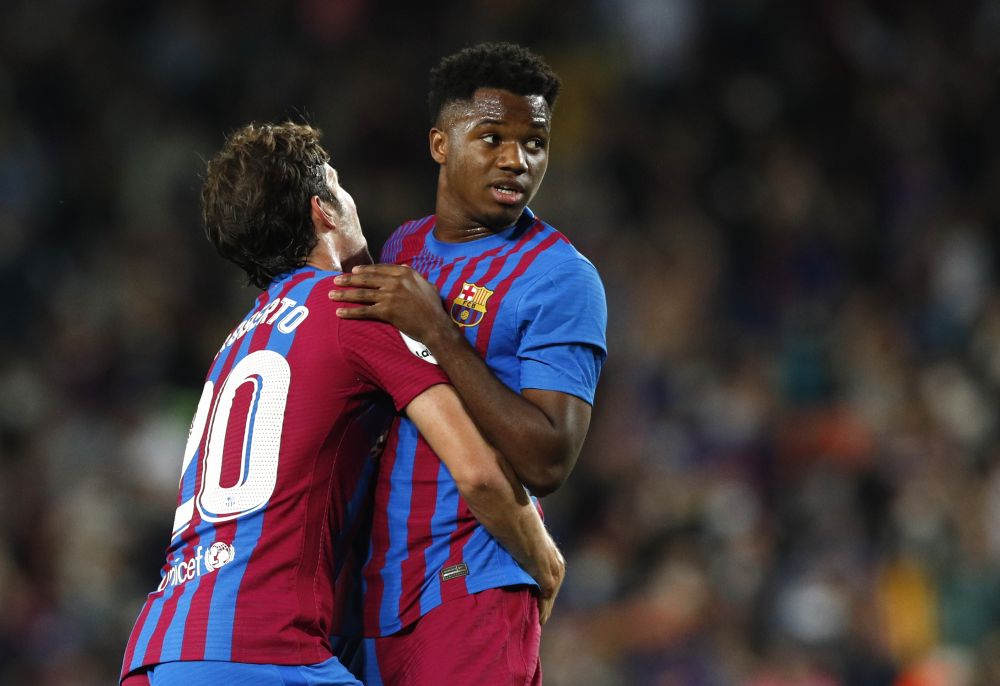 FC Barcelona's Ansu Fati celebrates scoring their first goal against Valencia with Sergi Roberto at Camp Nou, Barcelona October 17, 2021. u00e2u20acu201d Reuters pic