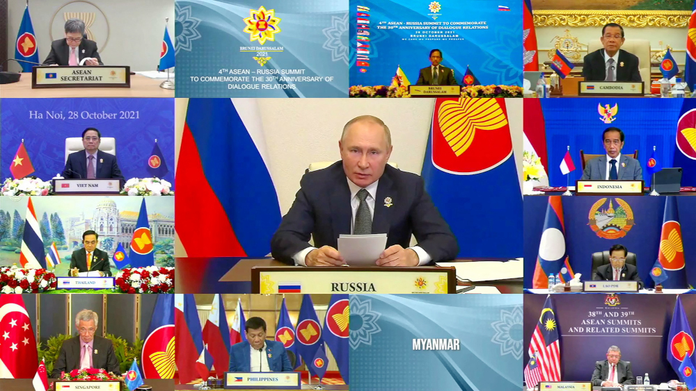Russian President Vladimir Putin taking part in the Asean-Russia Summit on the sidelines of the Asean summit, held online on a live video conference in Bruneiu00e2u20acu2122s capital Bandar Seri Begawan, October 28, 2021. u00e2u20acu201d  Asean Summit 2021 handout pic via AFPnn