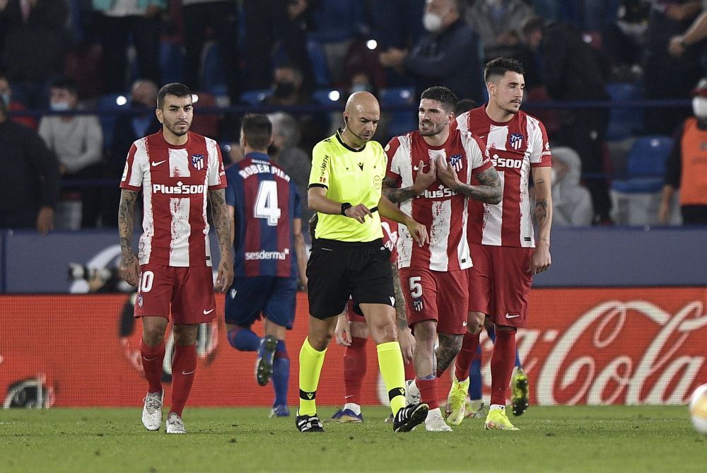 Atletico Madrid's Rodrigo De Paul remonstrates with referee during the match against Levante at Estadi Ciutat de Valencia, Valencia October 28, 2021. u00e2u20acu201d Reuters pic