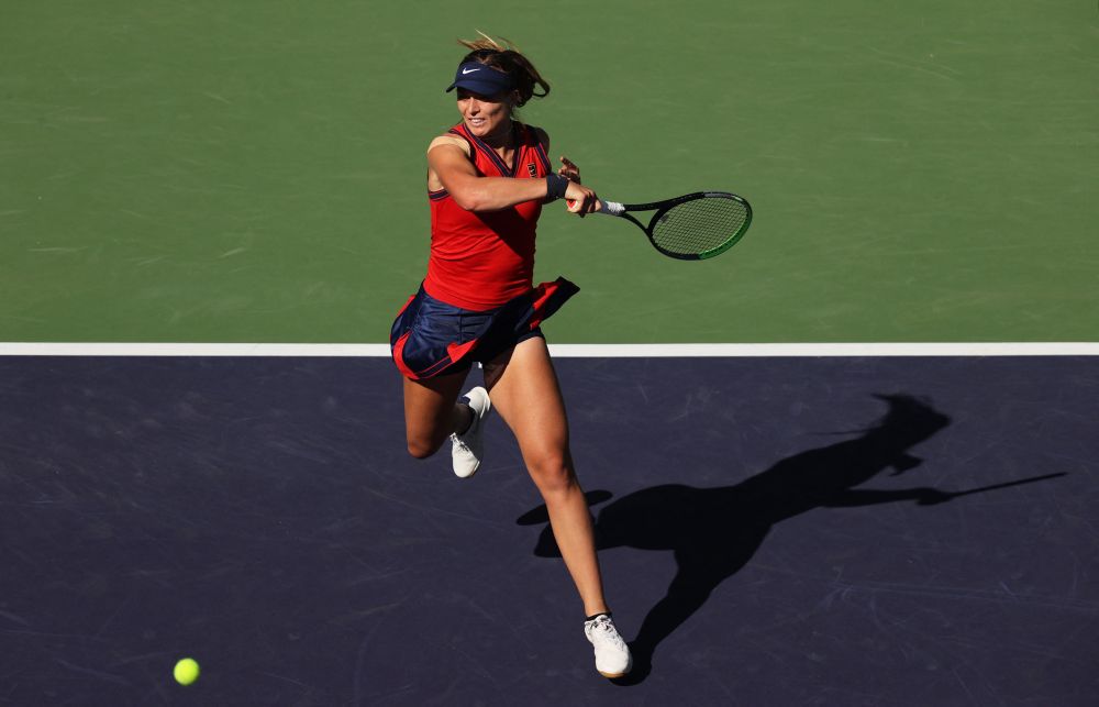 Paula Badosa of Spain plays a forehand against Victoria Azarenka of Belarus at the Indian Wells Tennis Garden in California October 17, 2021. u00e2u20acu201d ETX Studio pic