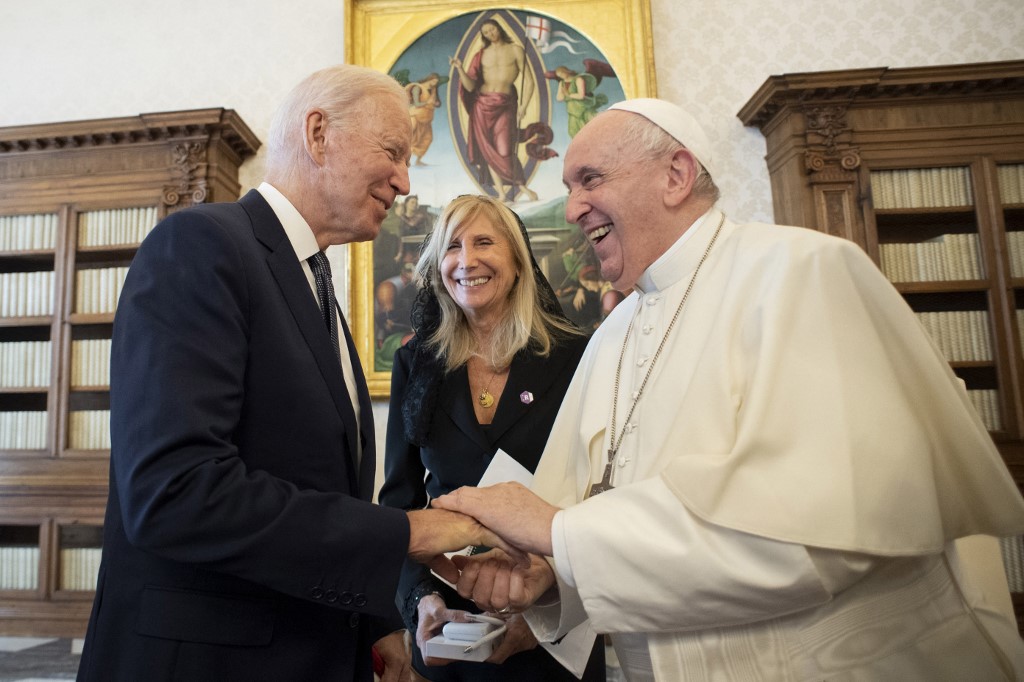 Pope Francis meets with US President Joe Biden during a private audience at The Vatican, October 29, 2021. u00e2u20acu201d Vatican Media / AFP pic