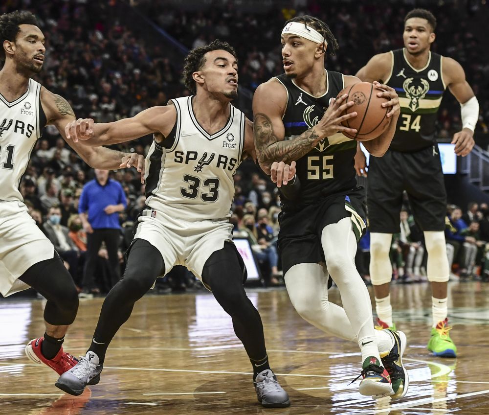 Milwaukee Bucks guard Justin Robinson (55) drives for the basket against San Antonio Spurs guard Tre Jones (33) in the third quarter at Fiserv Forum, Milwaukee October 30, 2021. u00e2u20acu201d Reuters pic 