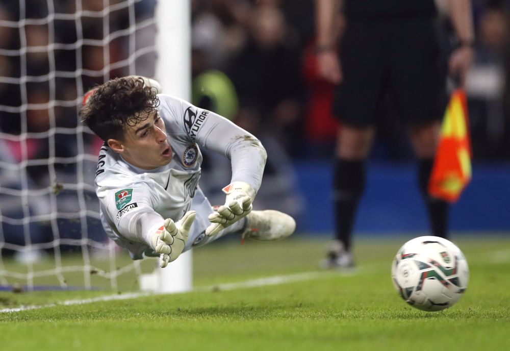 Chelsea's Kepa Arrizabalaga in action against Southampton during penalties in the Carabao Cup at Stamford Bridge, London October 26, 2021. u00e2u20acu201d Reuters picn