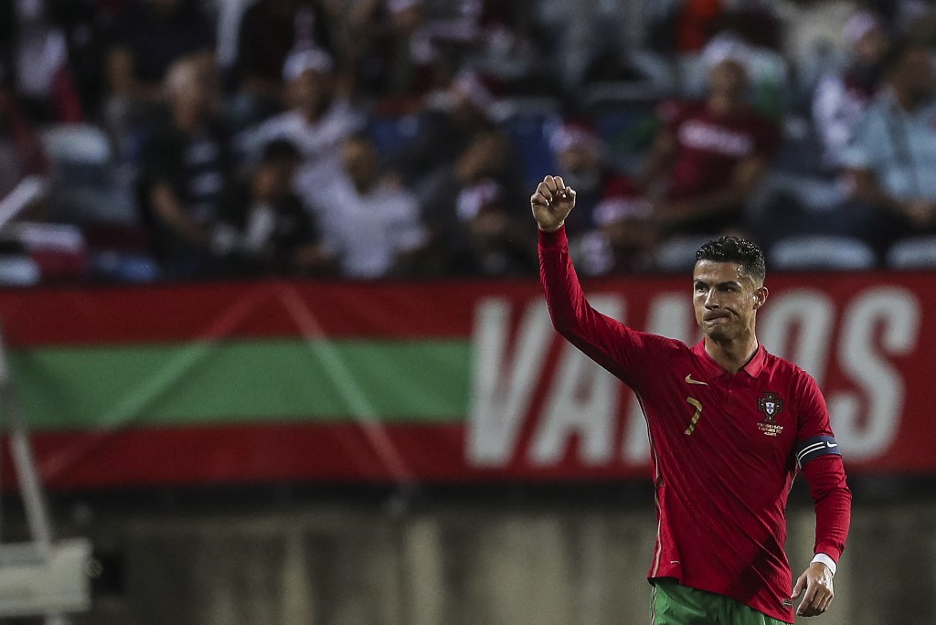 Portugalu00e2u20acu2122s forward Cristiano Ronaldo celebrates after scoring a goal during the international friendly football match between Portugal and Qatar at the Algarve stadium in Loule, near Faro, southern Portugal, on October 9, 2021. u00e2u20acu201d AFP pic