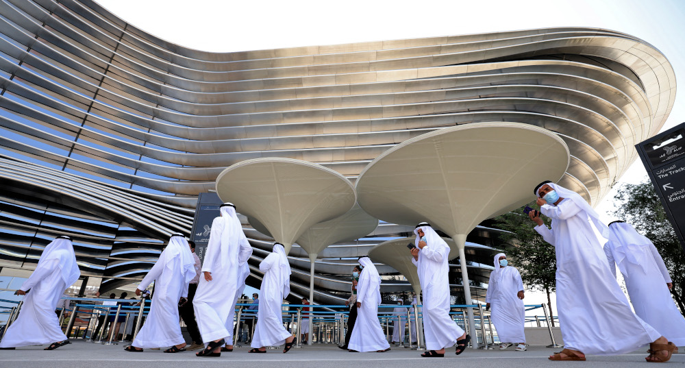 Visitors walk outside the Sustainability pavilion at the Expo 2020 in the Gulf Emirate of Dubai, October 6, 2021. u00e2u20acu201d AFP pic 