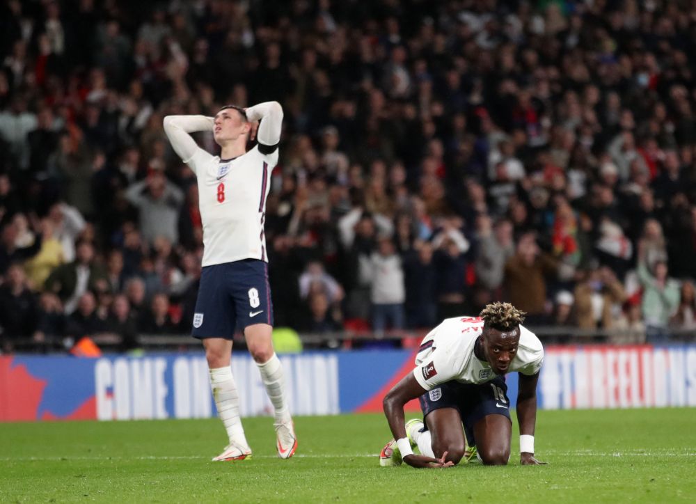 England's Tammy Abraham reacts after missing a chance to score against Hungary at Wembley, London October 12, 2021. u00e2u20acu201d Reuters pic