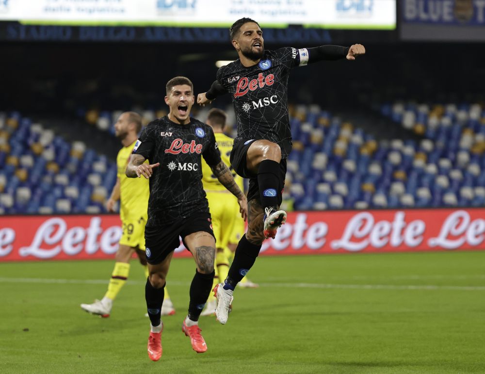 Napoli's Lorenzo Insigne celebrates scoring their third goal against Bologna from the penalty spot at Stadio Diego Armando Maradona, Naples October 28, 2021. u00e2u20acu201d Reuters pic
