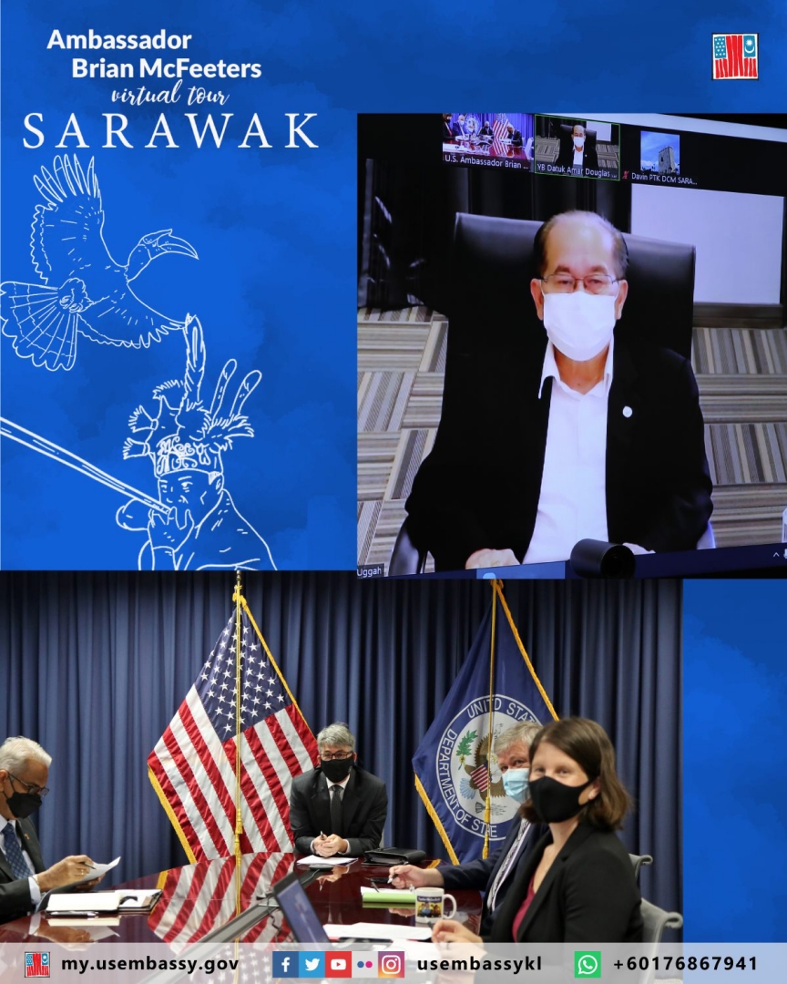 Picture provided by the US Embassy in Kuala Lumpur shows Uggah (top photo) in a discussion with McFeeters (bottom photo, second left) and his team during their meet, held as part of the US Ambassadoru00e2u20acu2122s virtual visit to Sarawak. u00e2u20acu2022 Borneo Post pic