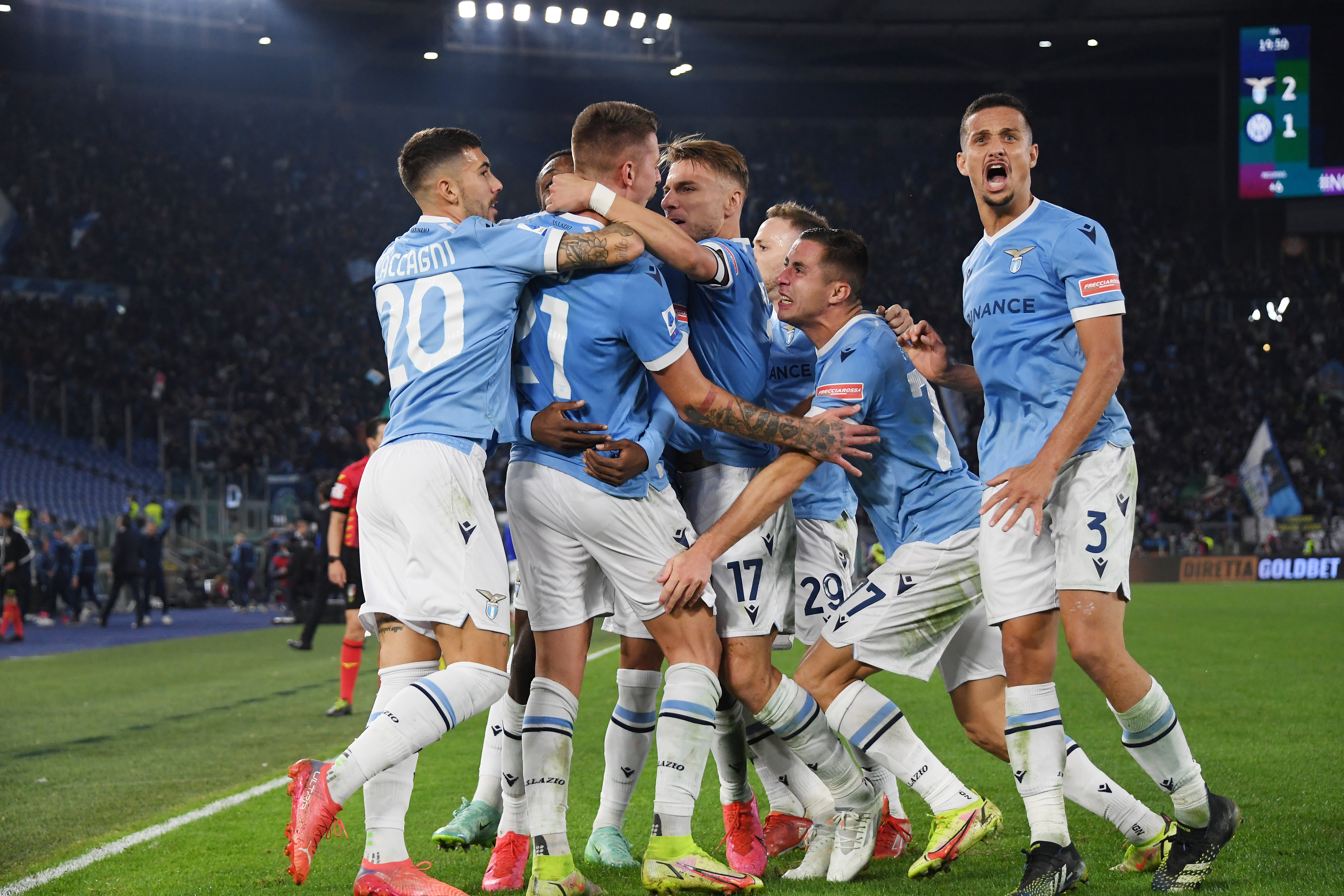 Lazio's Sergej Milinkovic-Savic celebrates scoring their third goal against Inter Milan with teammates at Stadio Olimpico, Rome October 16, 2021. u00e2u20acu201d Reuters picnnn