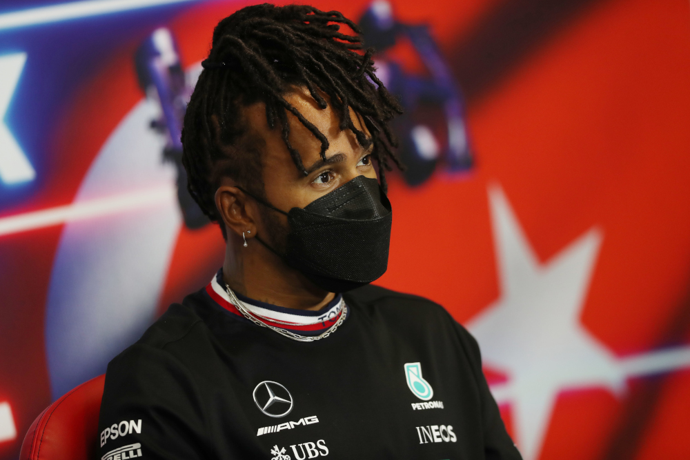 Mercedesu00e2u20acu2122 Lewis Hamilton during a press conference ahead of the Turkish Grand Prix at Intercity Istanbul Park, Istanbul, Turkey, October 7, 2021. u00e2u20acu201d Reuters picnn