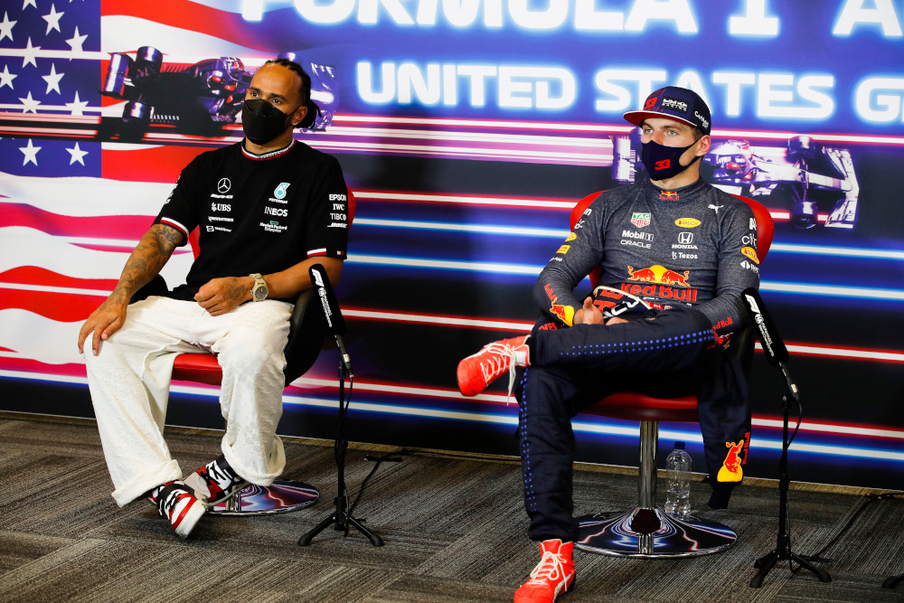 Mercedes driver Lewis Hamilton and Red Bull driver Max Verstappen attend a press conference after the Formula One United States Grand Prix at the Circuit of The Americas in Austin, Texas, October 24, 2021. u00e2u20acu201d AFP picnn