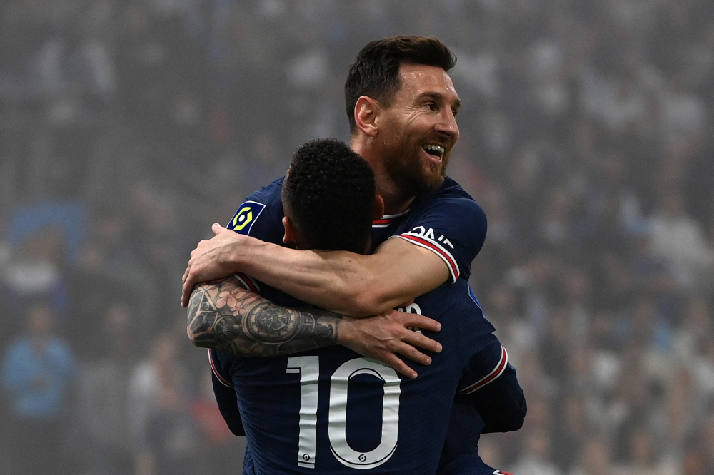 Paris Saint-Germainu00e2u20acu2122s Lionel Messi and Neymar celebrate a goal that was later invalidated by the VAR during the French L1 football match between Olympique Marseille PSG at Stade Velodrome in Marseille, October 24, 2021. u00e2u20acu201d AFP pic 