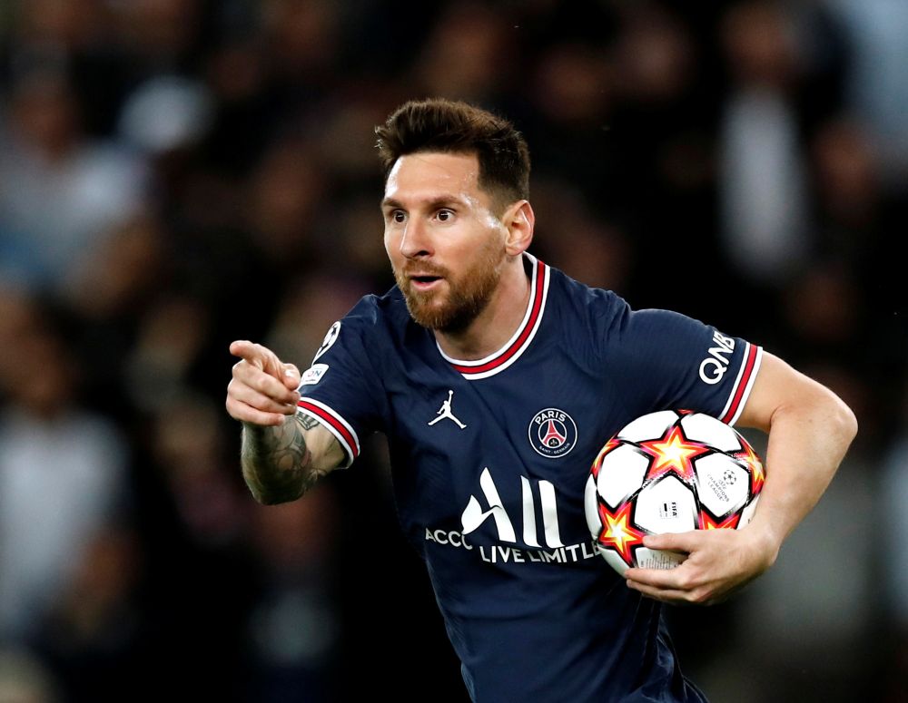 Paris St Germain's Lionel Messi celebrates scoring their second goal against RB Leipzig at Parc des Princes, Paris October 19, 2021. u00e2u20acu201d Reuters picnn