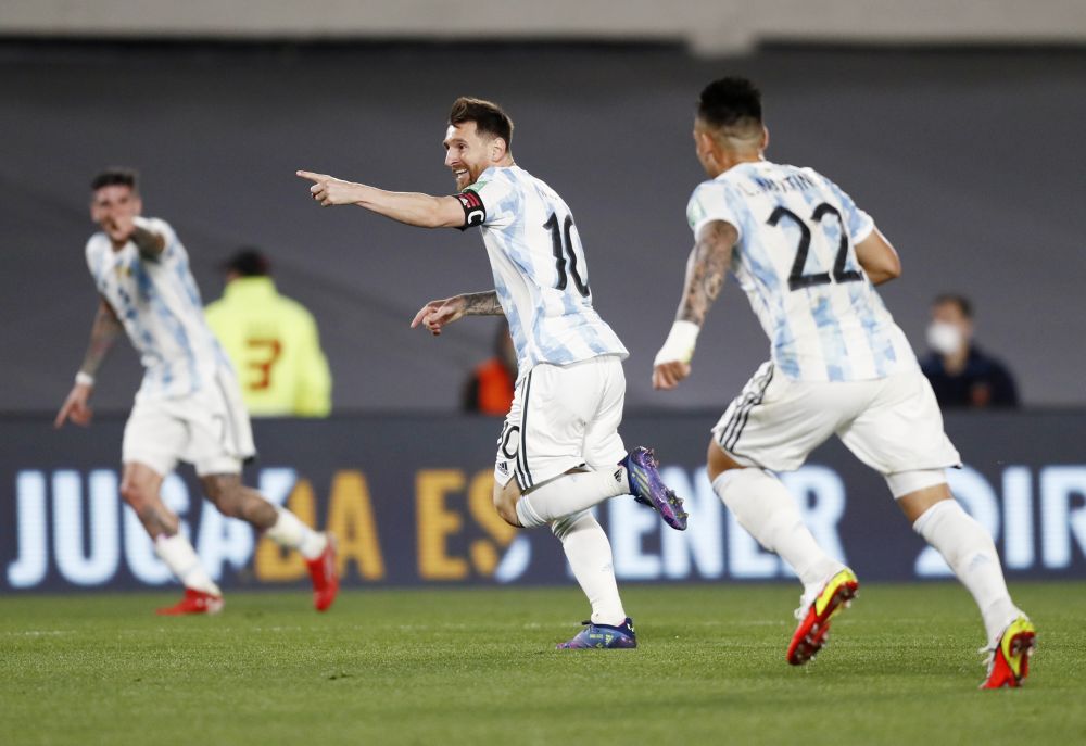 Argentina's Lionel Messi celebrates scoring their first goal against Uruguay at El Monumental, Buenos Aires October 10, 2021. u00e2u20acu201d Reuters pic