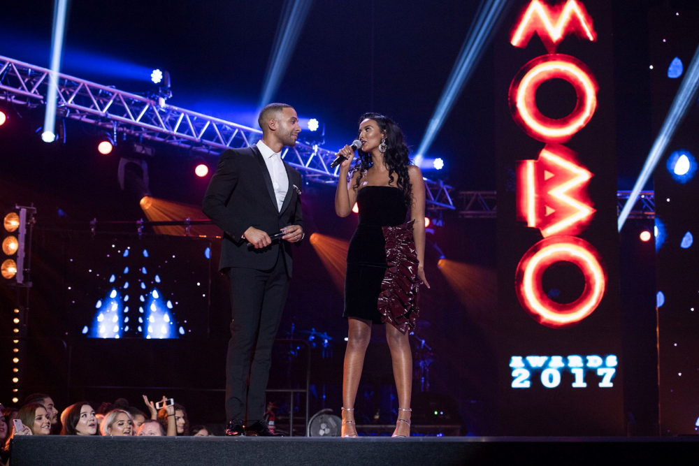 Hosts Maya Jama and Marvin Humes onstage at MOBO Awards 2017, in Leeds, Britain November 29, 2017. u00e2u20acu201d MOBO Organisation/Nick Redman handout pic via Reutersn