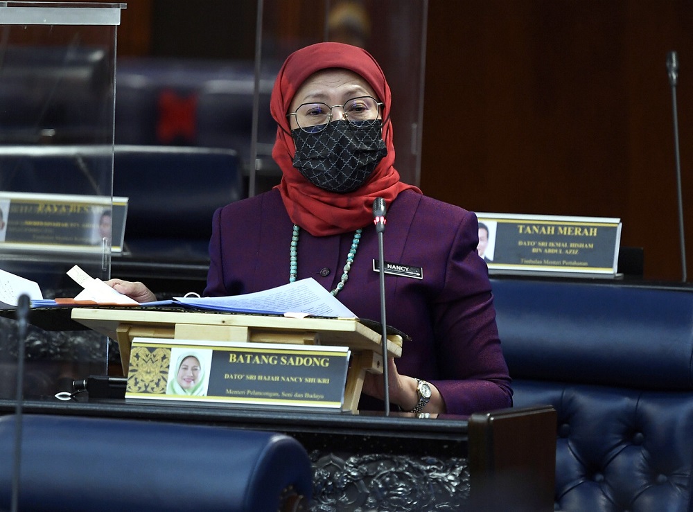 Tourism, Arts and Culture Minister Datuk Seri Nancy Shukri speaks during a Parliament session October 6, 2021. u00e2u20acu2022 Bernama pic