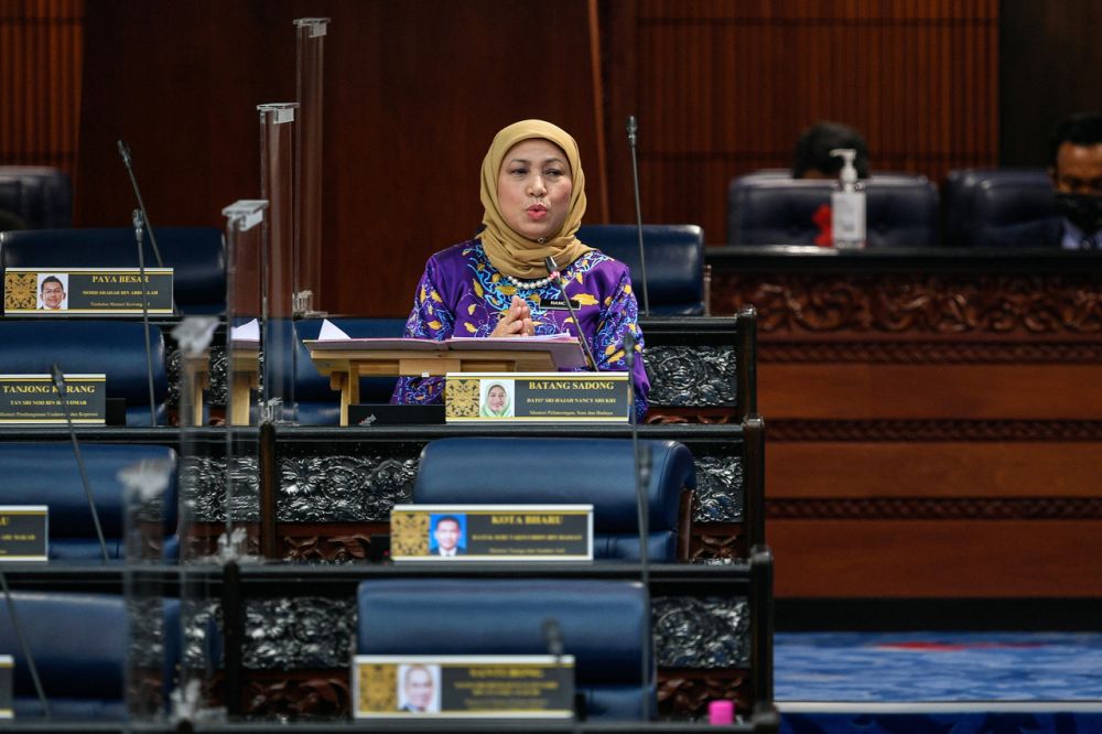 Tourism, Arts and Culture Minister Datuk Seri Nancy Shukri addresses members of Parliament in Kuala Lumpur October 28, 2021. u00e2u20acu201d Bernama pic