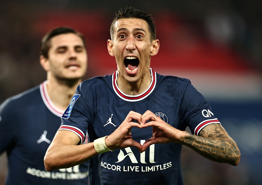 Paris St Germain's Angel Di Maria celebrates after scoring the second goal against Lille October 30, 2021. u00e2u20acu2022 Reuters pic