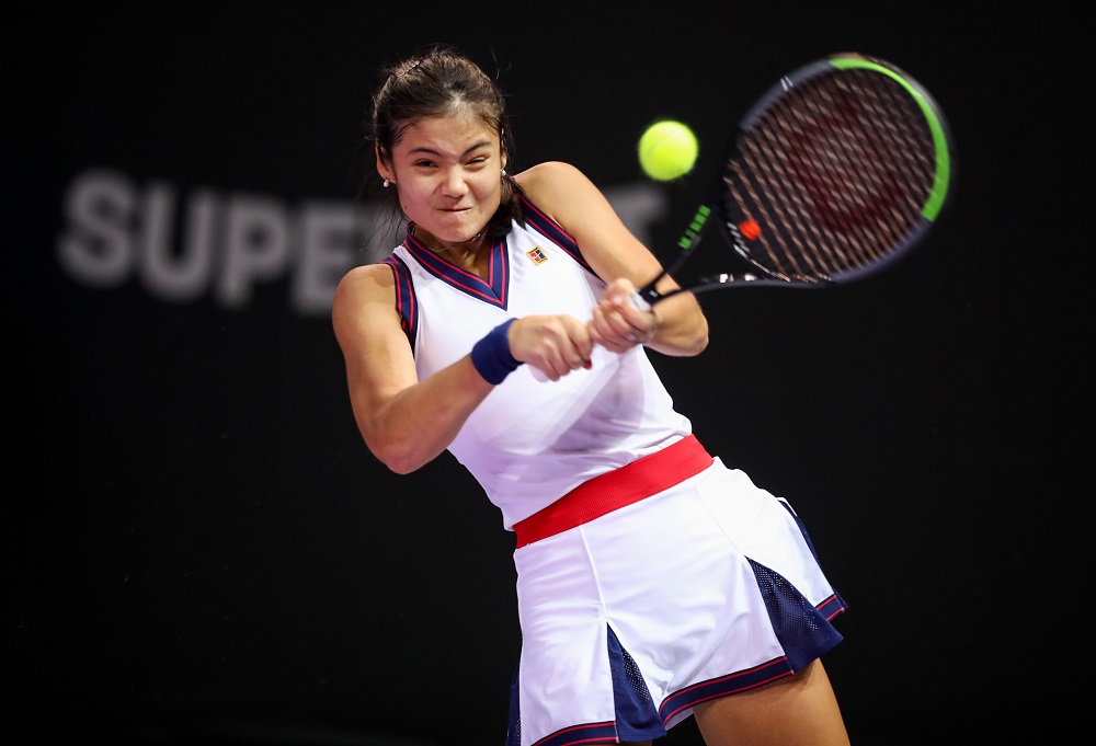 Britain's Emma Raducanu in action during her quarter final match against Ukraine's Marta Kostyuk Inquam in Cluj-Napoca, Romania October 30, 2021. u00e2u20acu2022 Simion Tataru via Reuters