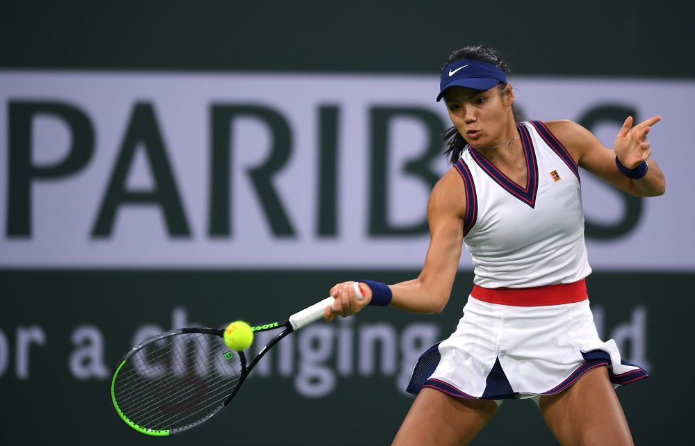 Emma Raducanu hits a shot against Aliaksandra Sasnovich at Indian Wells Tennis Garden, California October 8, 2021. u00e2u20acu201d Reuters pic