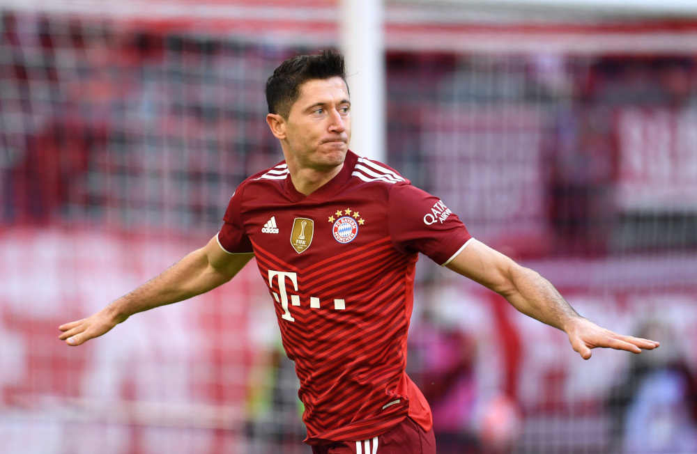Bayern Munichu00e2u20acu2122s Robert Lewandowski celebrates scoring their second goal during their Bundesliga match against TSG 1899 Hoffenheim at the Allianz Arena, Munich October 23, 2021. u00e2u20acu201d Reuters pic