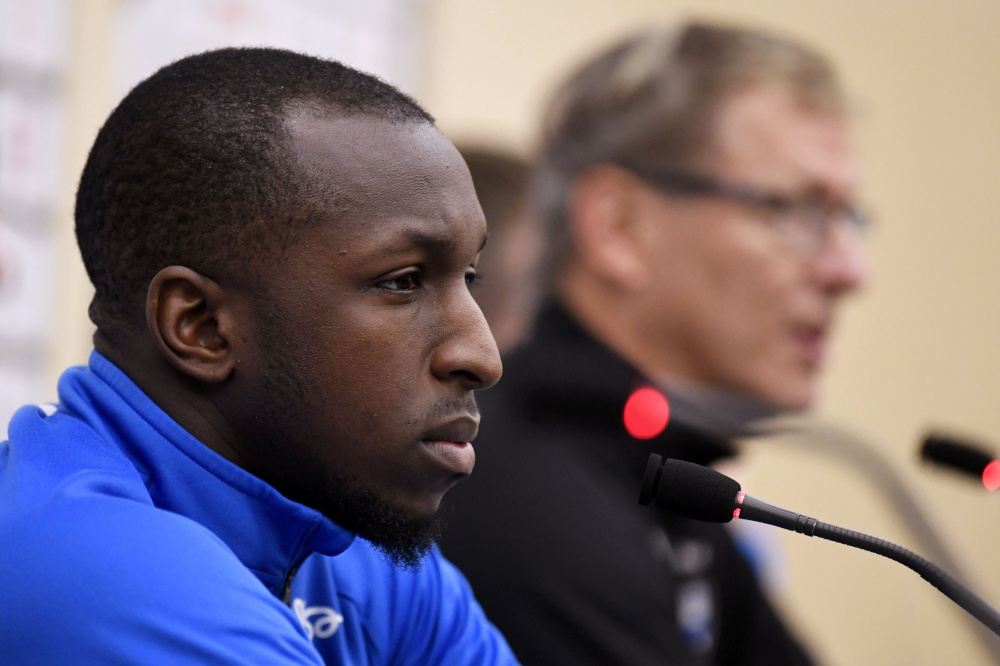 Finlandu00e2u20acu2122s Glen Kamara and coach Markku Kanerva are seen during the press conference for the Uefa qualifiers at Helsinki Olympic Stadium October 8, 2021. u00e2u20acu201d Jussi Nukari/Lehtikuva pic via Reuters 