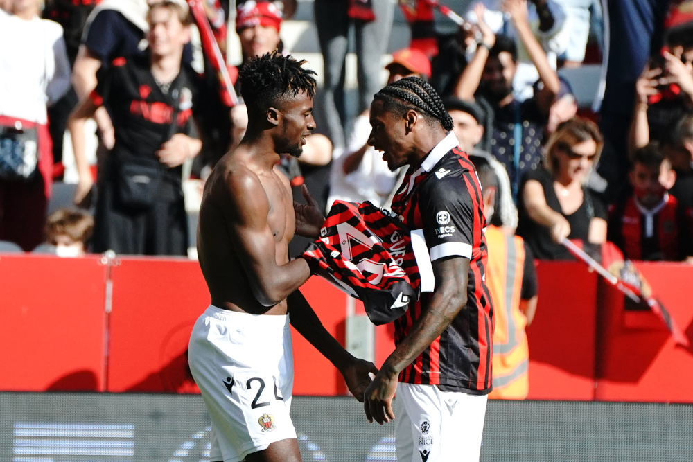 OGC Niceu00e2u20acu2122s Evann Guessand and Pablo Rosario are seen during the Ligue 1 match against Lyon October 24, 2021. u00e2u20acu201d Norbert Scanella/Panoramic pic via Reuters 