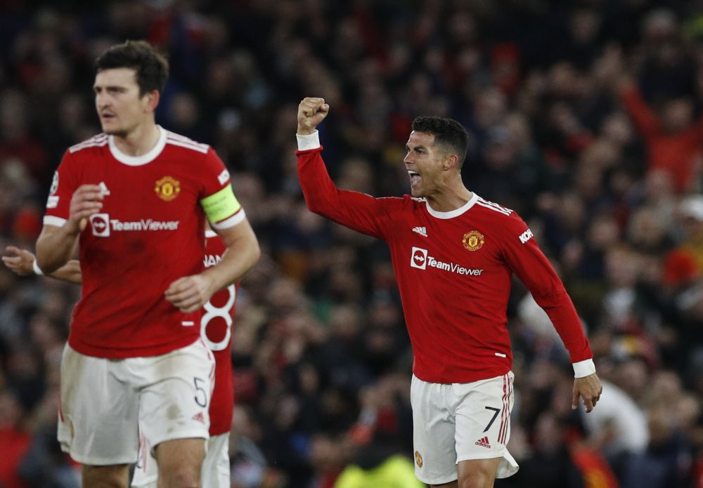 nManchester United's Cristiano Ronaldo celebrates scoring their third goal against Atalanta wat Old Trafford, Manchester October 20, 2021. u00e2u20acu201d Reuters picnn