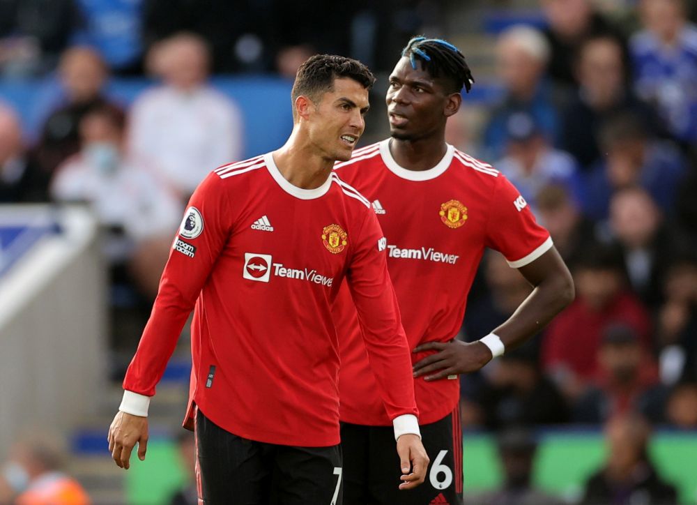 Manchester United's Cristiano Ronaldo with Paul Pogba during the match against Leicester City at the King Power Stadium, Leicester October 16, 2021. u00e2u20acu201d Reuters pic